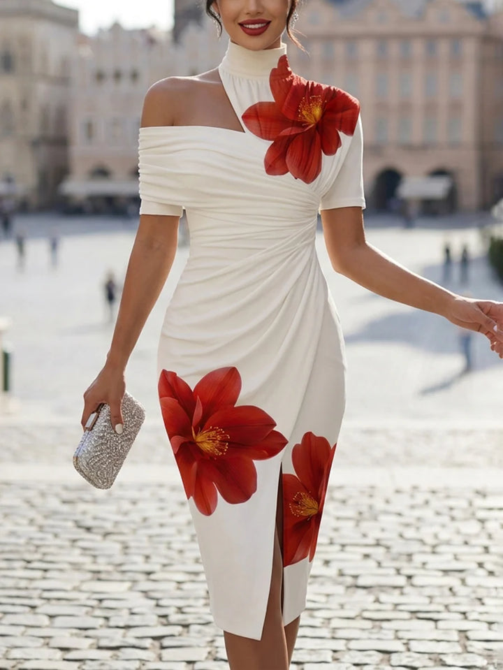 VESTIDO MIDI BODYCON MANGA CURTA COM ESTAMPADO FLORAL PLISSADO E ABERTURA FRONTAL - GOLA ALTA