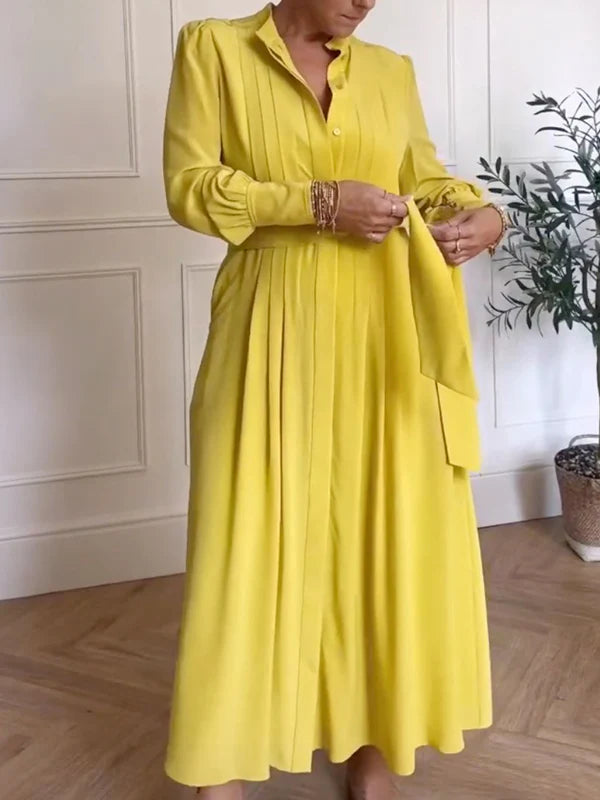 Vestido Maxi Camisero Línea A Con Bolsillos, Cintura Anudada Y Escote En V