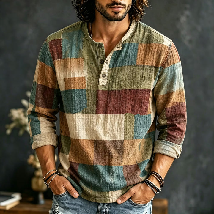 Camisa Hombre Manga Larga Cuadros Retro Color Block Algodón Lino