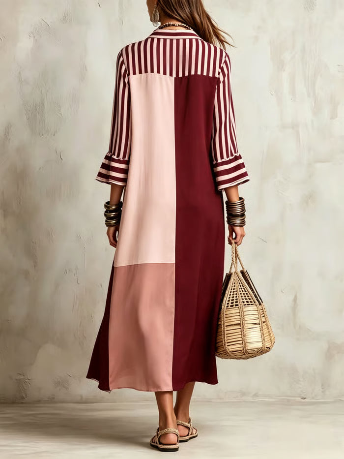 Vestido Midi Camisero Con Mangas Campana Y Bloques De Color En Contraste
