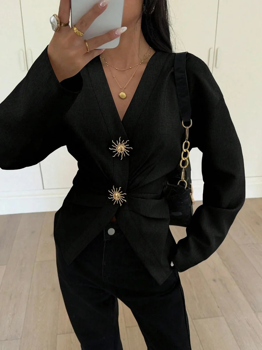 Blusa de Manga Comprida Franzida em Camadas com Gola em V