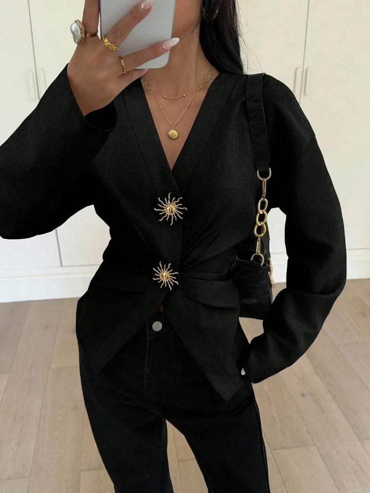 Blusa de Manga Comprida Franzida em Camadas com Gola em V