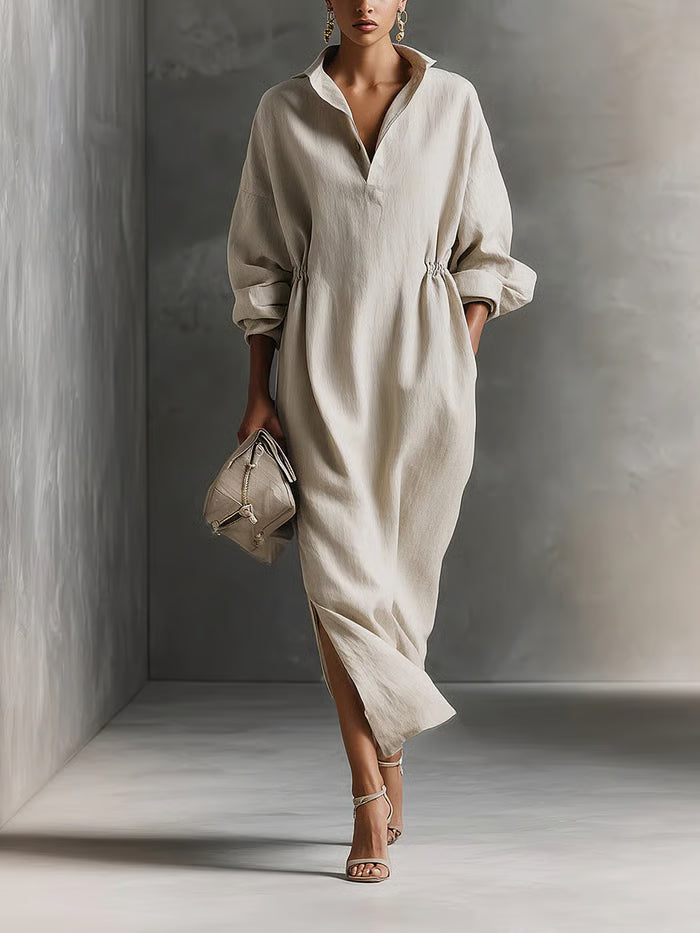 VESTIDO MIDI BEIGE HOLGADO CON ESCOTE EN V ABIERTO Y FRUNCIDO EN CINTURA