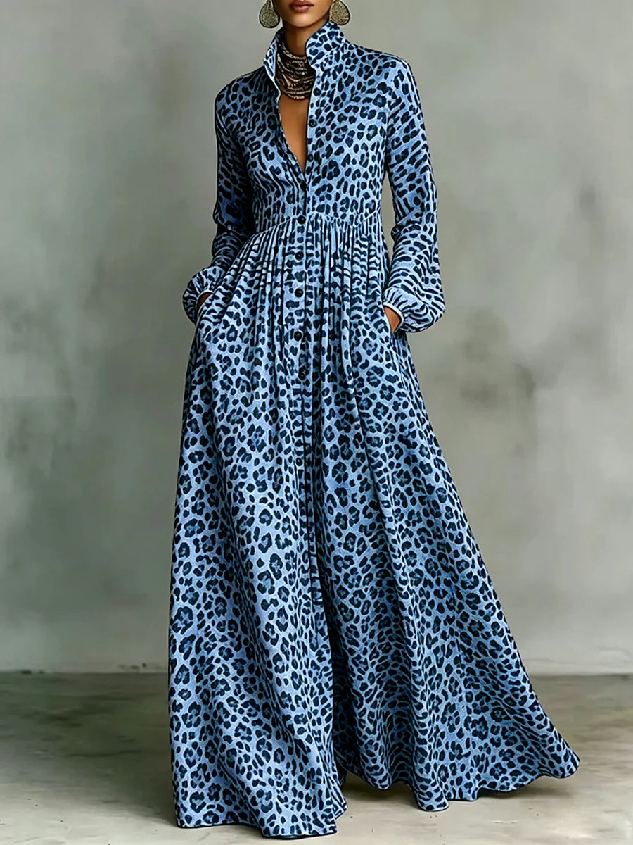 Vestido Maxi Linha A Manga Comprida Leopardo Abotoado Lapela Bolsos Cor Contraste
