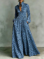 Vestido maxi línea a manga larga leopardo abotonado solapa bolsillos color contrastante