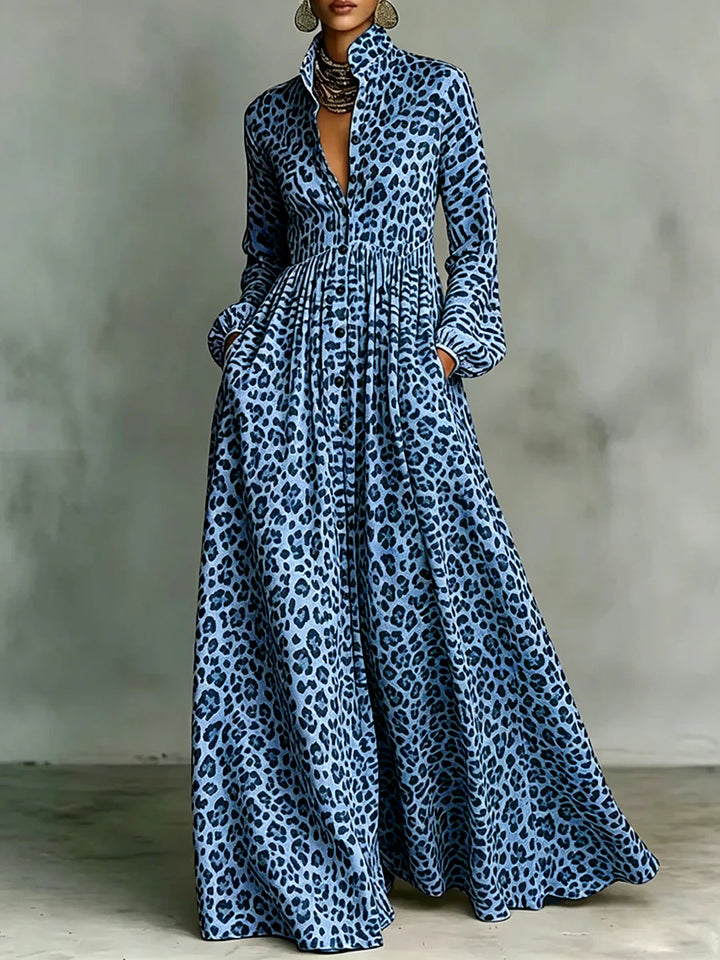 Vestido Maxi Linha A Manga Comprida Leopardo Abotoado Lapela Bolsos Cor Contraste