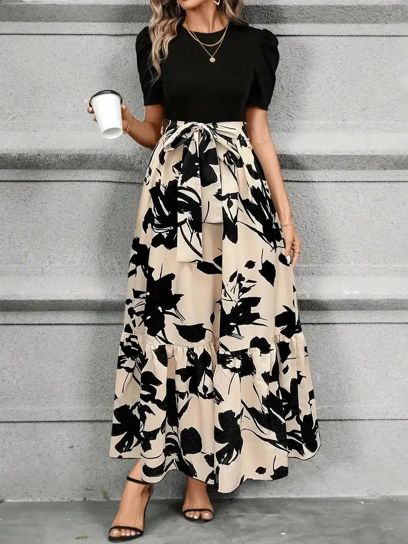 VESTIDO LARGO FLORAL FEMENINO CON CINTURA ANUDADA PARA CEREMONIA