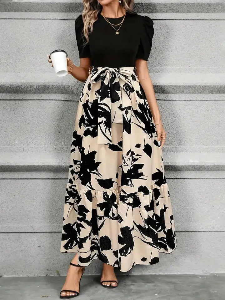 VESTIDO LARGO FLORAL FEMENINO CON CINTURA ANUDADA PARA CEREMONIA