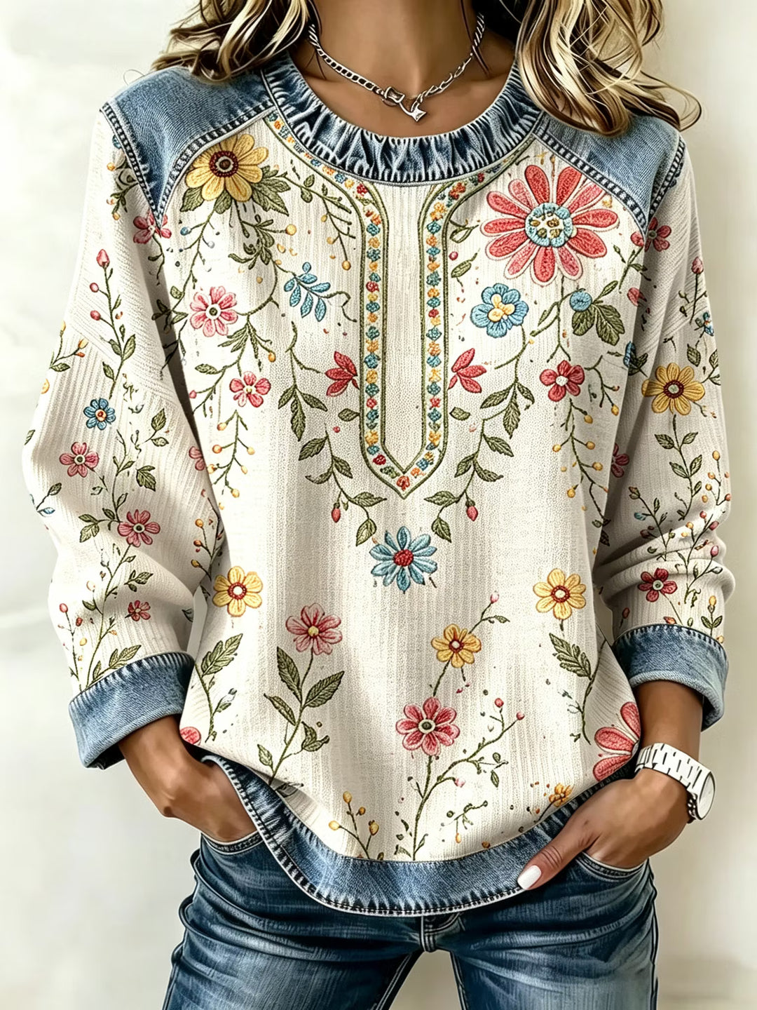 Retro Crewneck Sweatshirt - Vintage Graphic Art Floral Print Long Sleeve