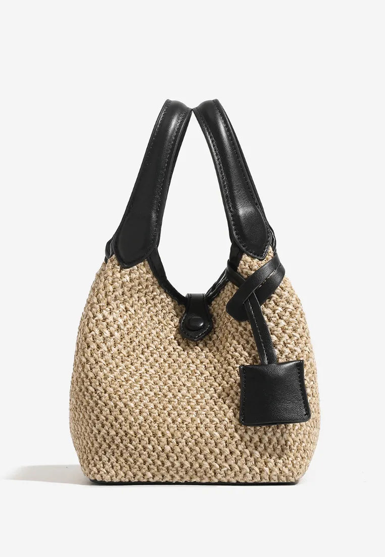 Mini bolso cubo tejido estilo vacaciones con asas de cuero k26052005