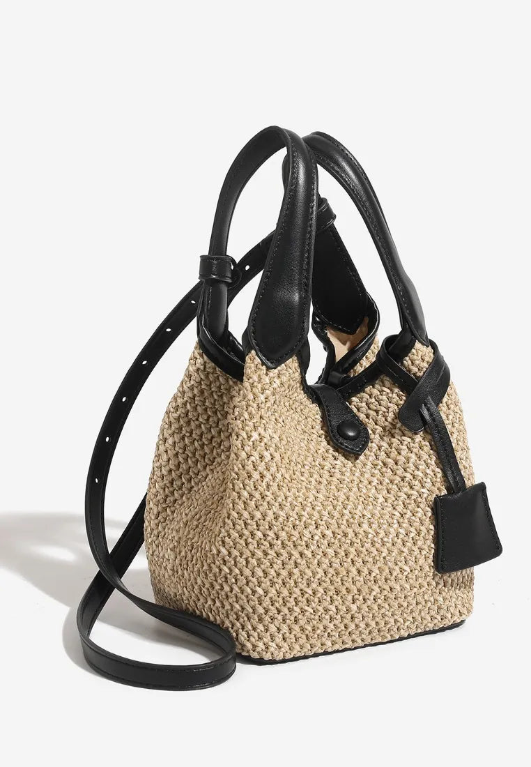 Mini bolso cubo tejido estilo vacaciones con asas de cuero k26052005
