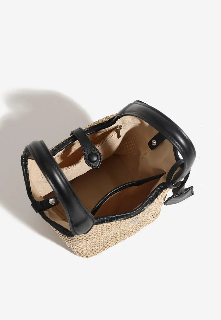 Minibolsa Cubo em Tecido Estilo Férias Com Pegas em Couro