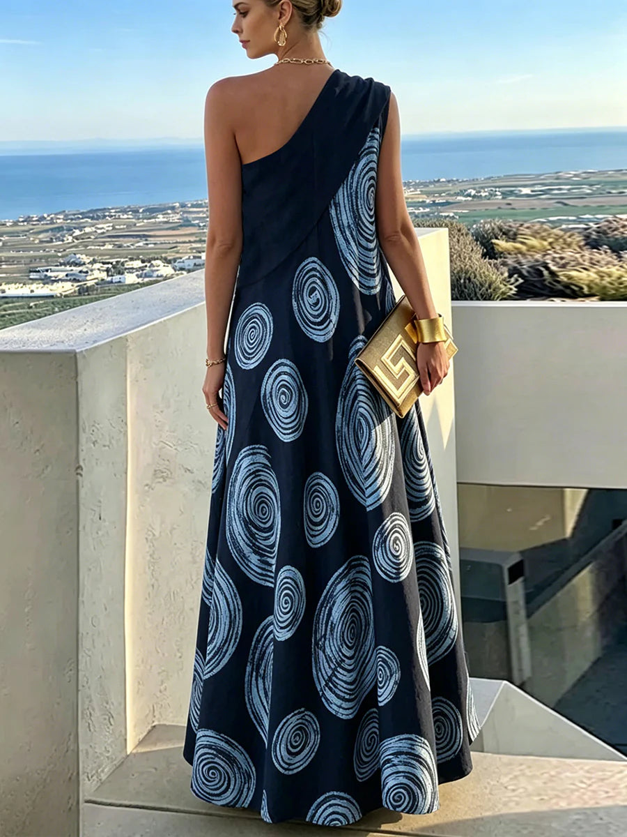 Vestido Maxi Holgado Corte En A Con Un Hombro, Plisado Y Color En Contraste