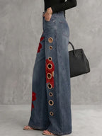 Pantalones vaqueros cintura alta pernera ancha floral abotonado bolsillos calados