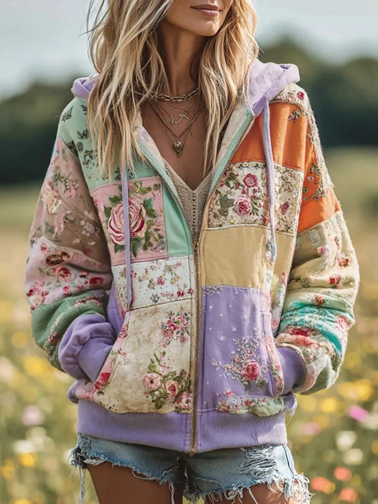 Sudadera Con Capucha Y Cremallera Floral Patchwork Vintage Para Mujer