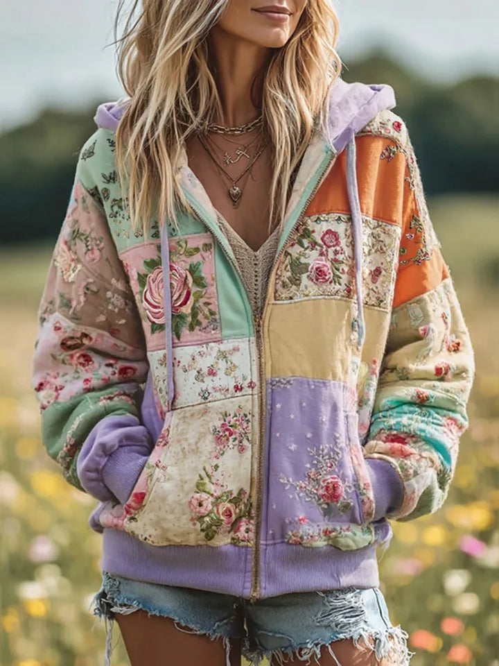 Sudadera Con Capucha Y Cremallera Floral Patchwork Vintage Para Mujer