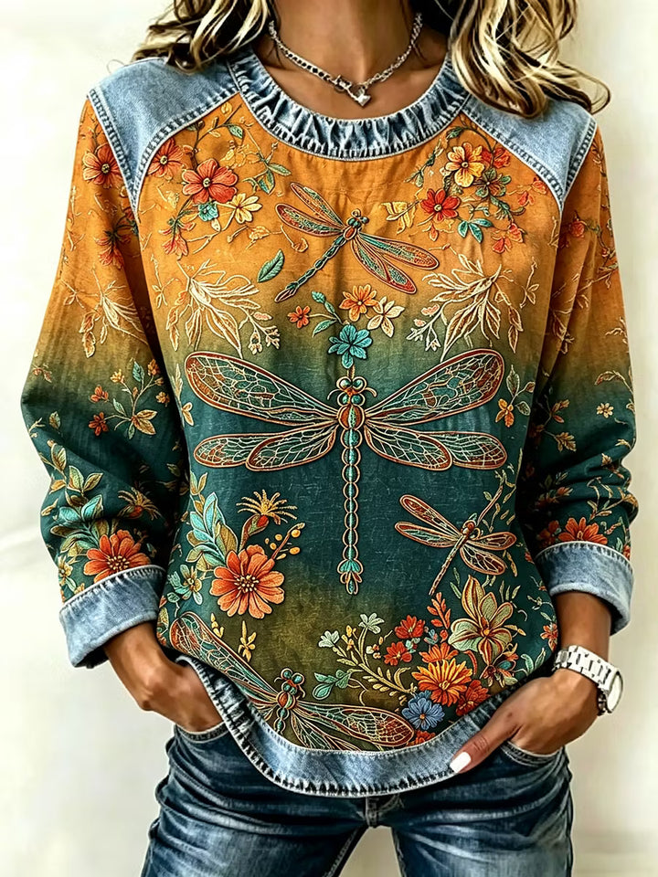Sudadera Vintage Estampado Libélula Y Floral Art Gráfico