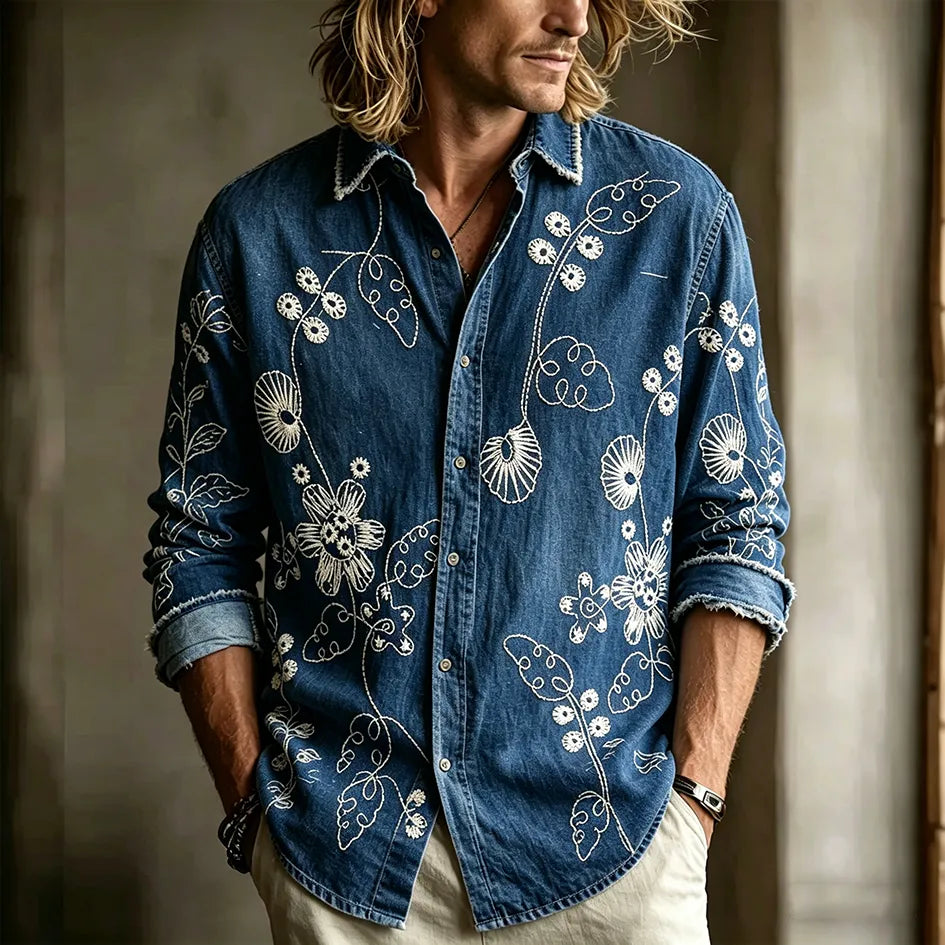 Camisa Casual De Lino Para Hombre Con Bordado Retro De Flores Y Plantas