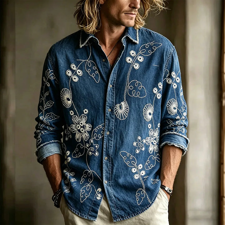 Camisa Casual De Lino Para Hombre Con Bordado Retro De Flores Y Plantas