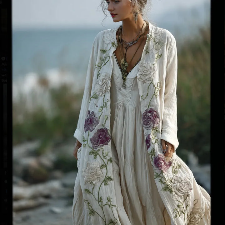 Cárdigan Largo Boho De Algodón Y Lino Con Bordado Floral