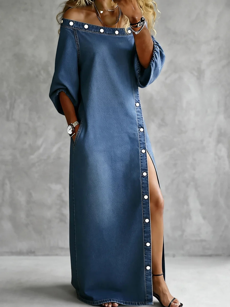 Solid Color Off-the-Shoulder Maxi Dress with Pockets and Three-Quarter Sleeves