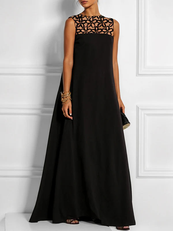 Vestido maxi suelto sin mangas cuello redondo calado uniones divididas color sólido