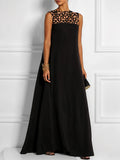 Vestido maxi suelto sin mangas cuello redondo calado uniones divididas color sólido