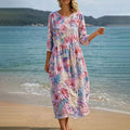 Vestido casual de algodón y lino con estampado floral retro
