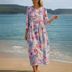 Vestido casual de algodón y lino con estampado floral retro