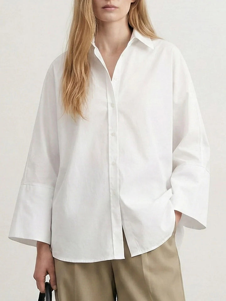 Blusa De Manga Larga Suelta Con Cuello Solapa - Colores Lisos