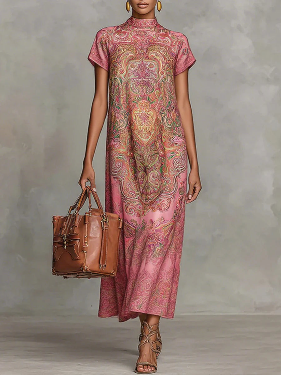 Vestido Maxi Holgado De Manga Corta Con Estampado Floral En Contraste Y Cuello Simulado