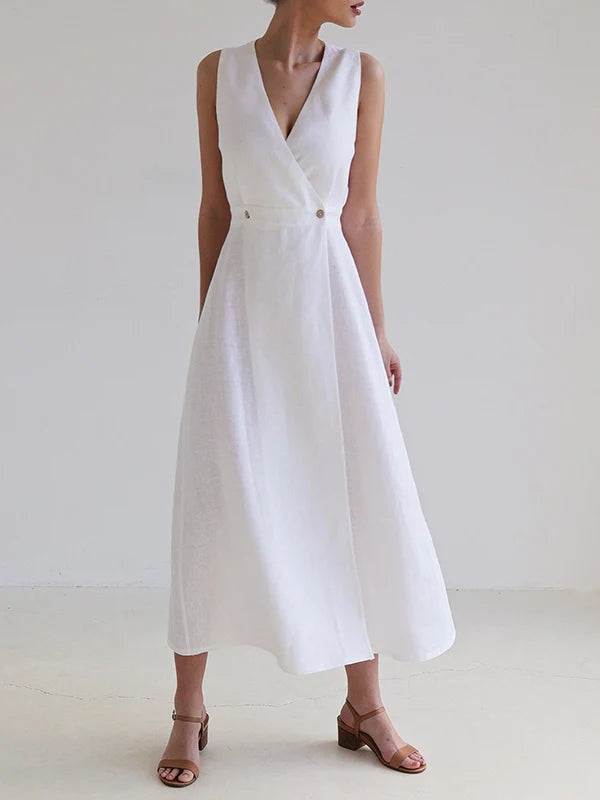 VESTIDO MAXI HOLGADO SIN MANGAS CON ESCOTE EN V Y ABERTURA FRONTAL - LINO Y ALGODON