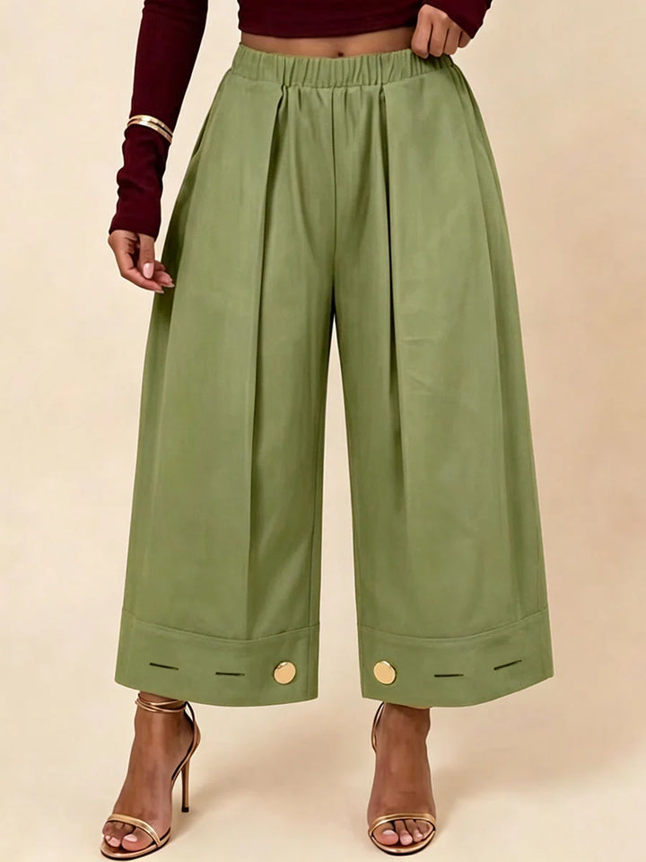 Pantalón De Pierna Ancha Con Bolsillos, Pliegues, Elástico Y Botones En Color Sólido