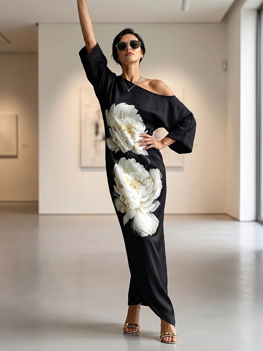 Vestido Maxi Floral Suelto De Un Hombro Con Manga Asimétrica Tres Cuartos Y Bolsillos