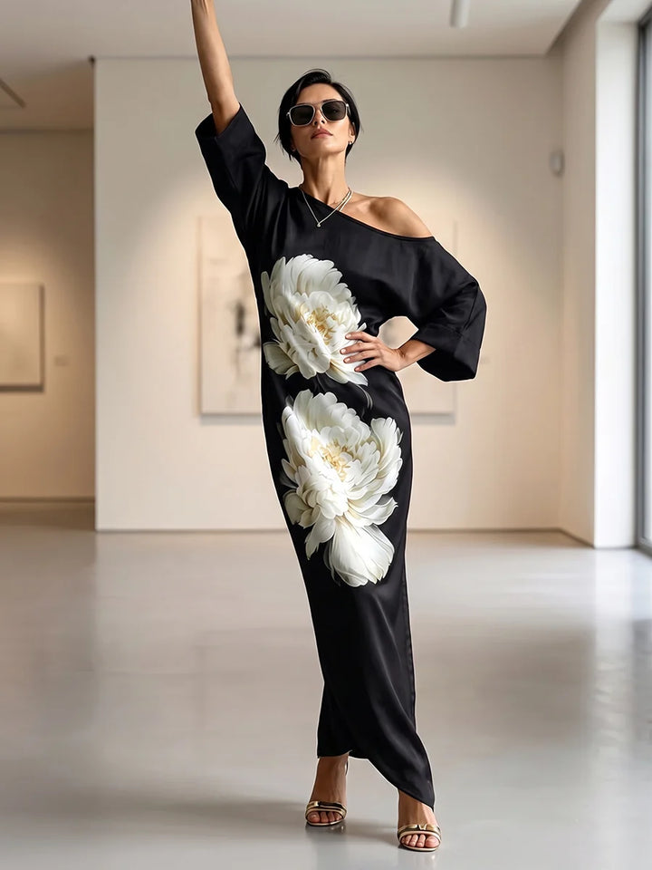Vestido Maxi Floral Suelto De Un Hombro Con Manga Asimétrica Tres Cuartos Y Bolsillos