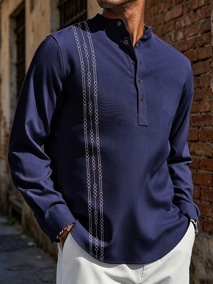 Camisa de Homem Manga Comprida Xadrez Color Block Retro Gola Henley