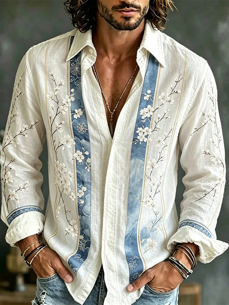 Men's Retro Boho Striped Color Block Shirt - Japanese Cherry Blossom Print Long Sleeve