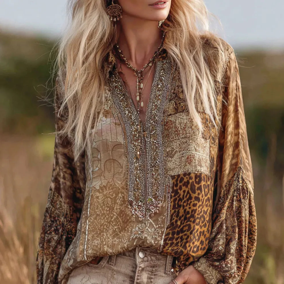 Top De Manga Larga Con Estampado De Leopardo Vintage - Algodón Y Lino
