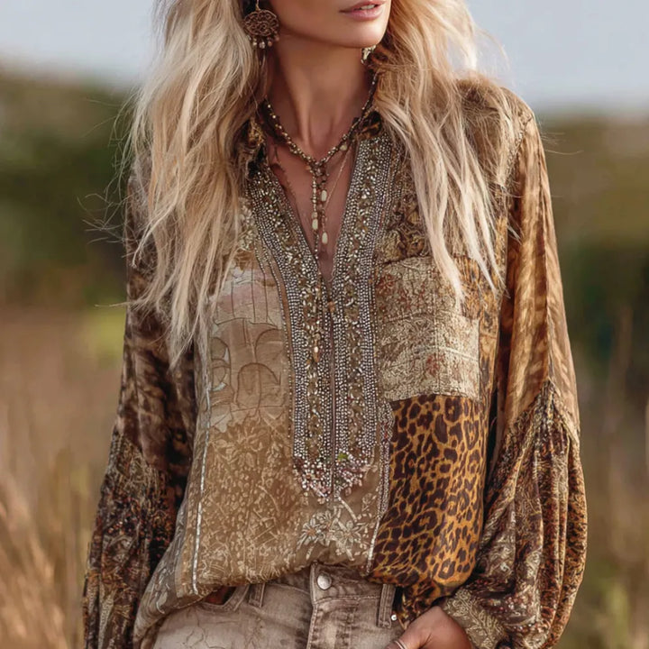 Top De Manga Larga Con Estampado De Leopardo Vintage - Algodón Y Lino