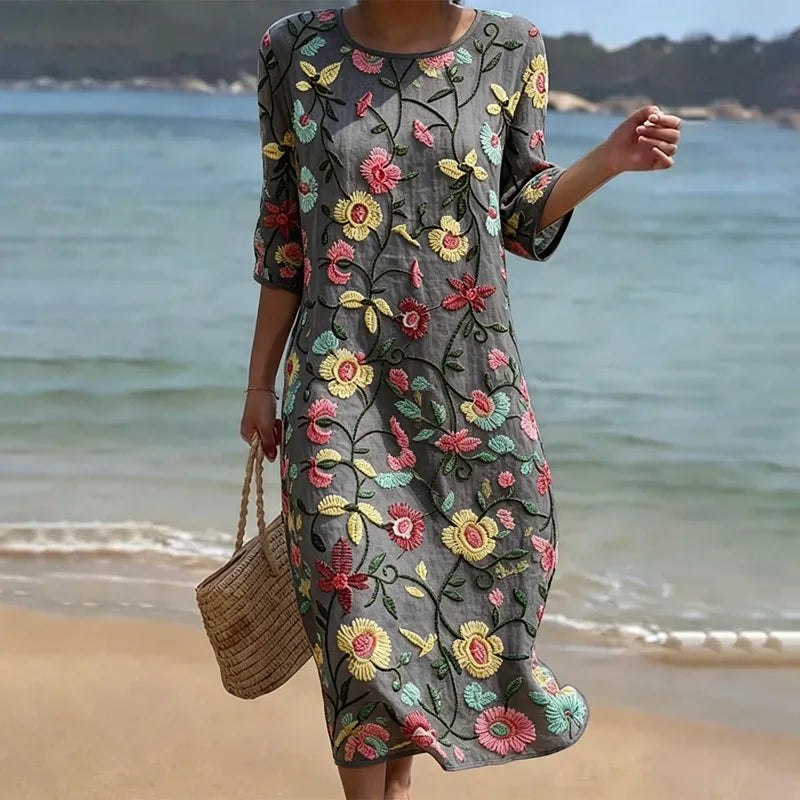 Vestido Vintage Suelto de Manga 3/4 con Estampado Floral en Mezcla de Lino