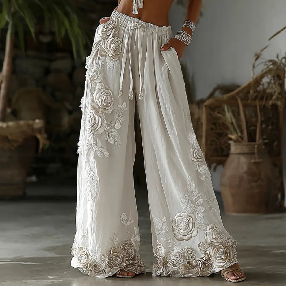 PANTALONES CASUALES DE LINO RETRO CON BORDADO FLORAL PARA MUJER