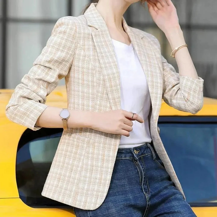 Women's Plaid Blazer with One Button – Elegant Office Jacket