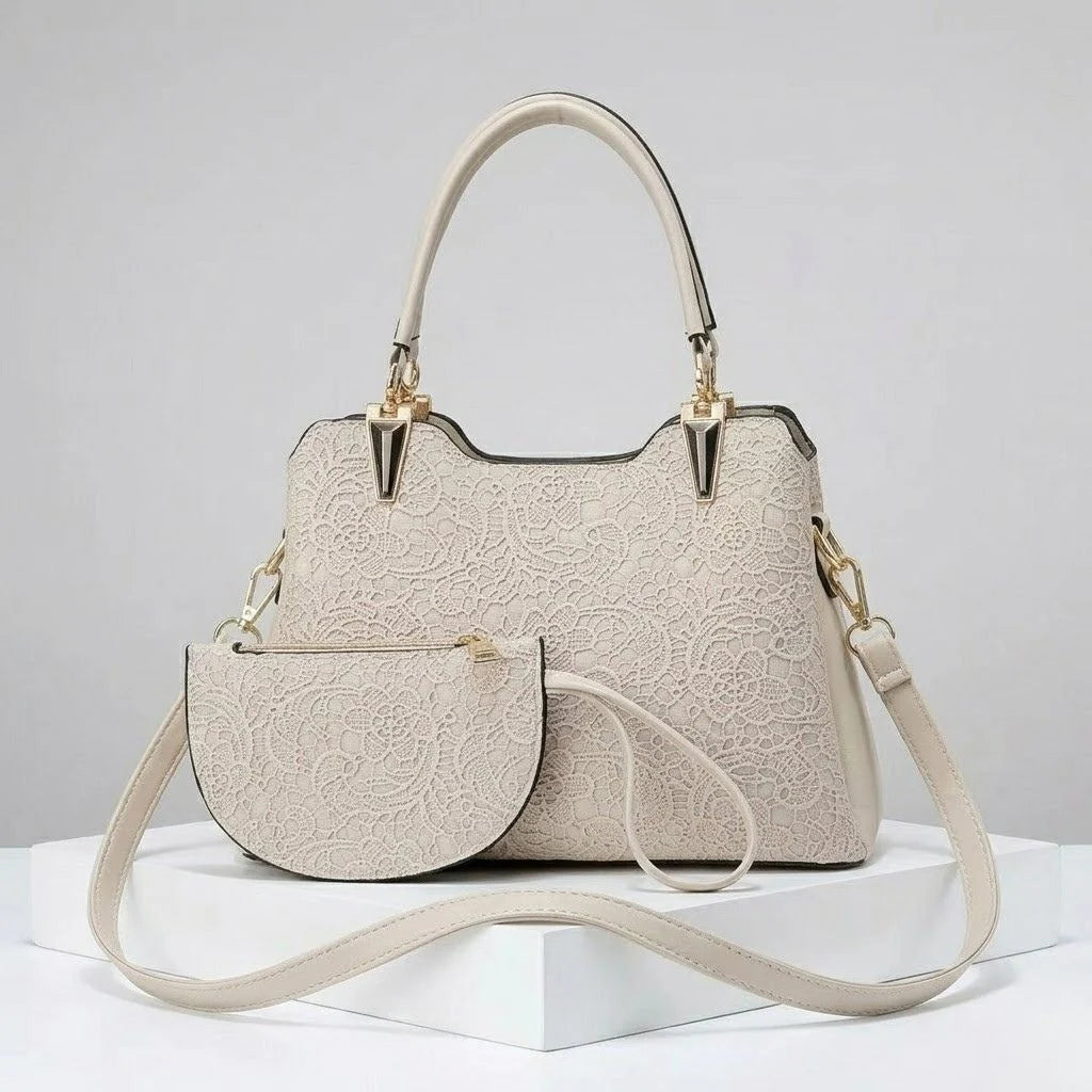 Elegant Textured Structured Handbag With Coordinated Purse