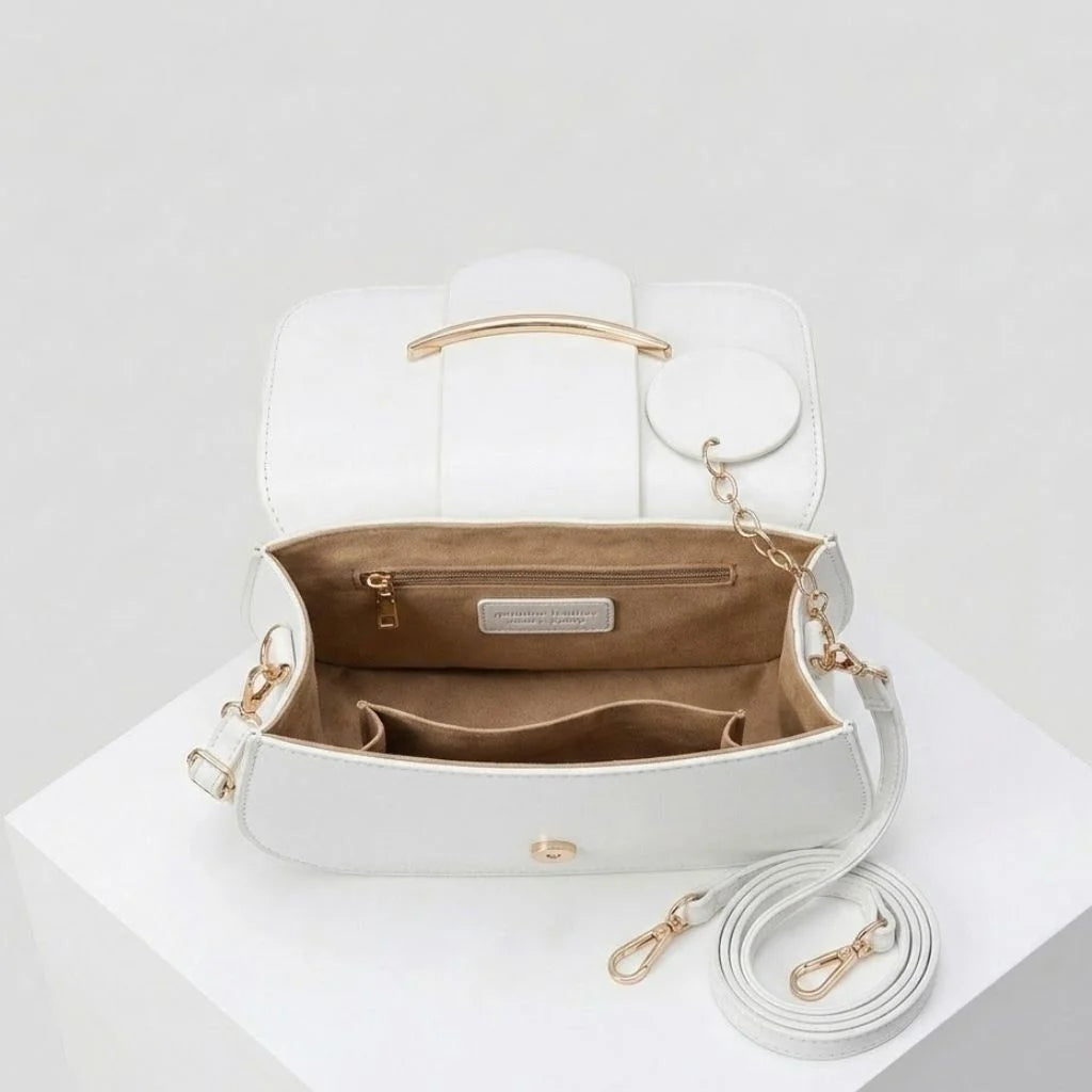 Compact Handbag with Structured Flap and Elegant Metallic Detail