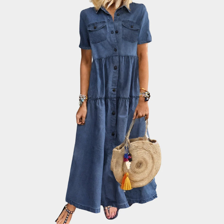 Vestido Comprido De Ganga Macia Com Botões Para Mulher