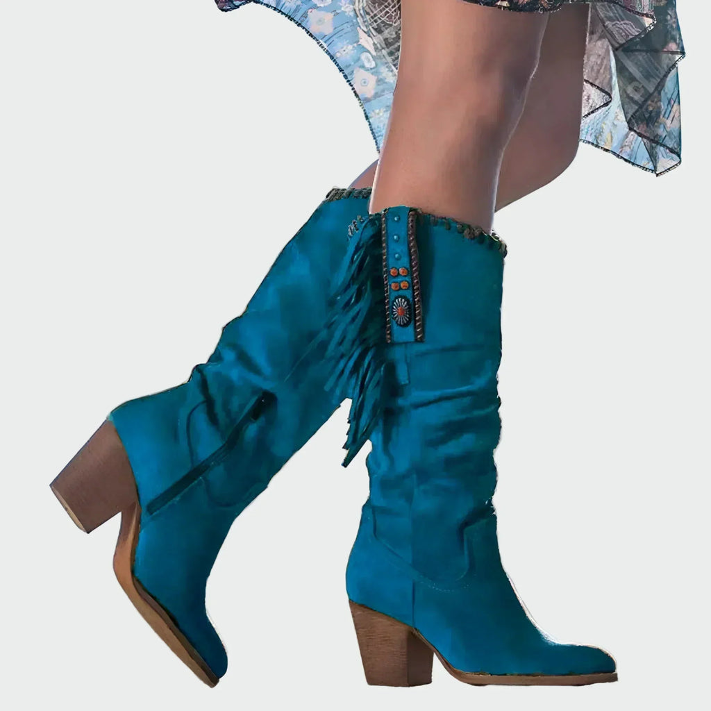 BOTINES BOHO-WESTERN CON FLECOS Y TURQUESA