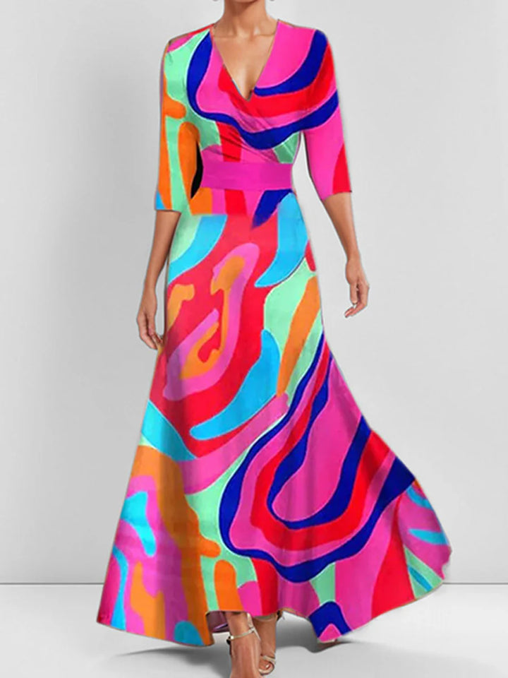 Vestido Maxi Línea A Estampado Bicolor Con Cintura Elástica Y Escote En V