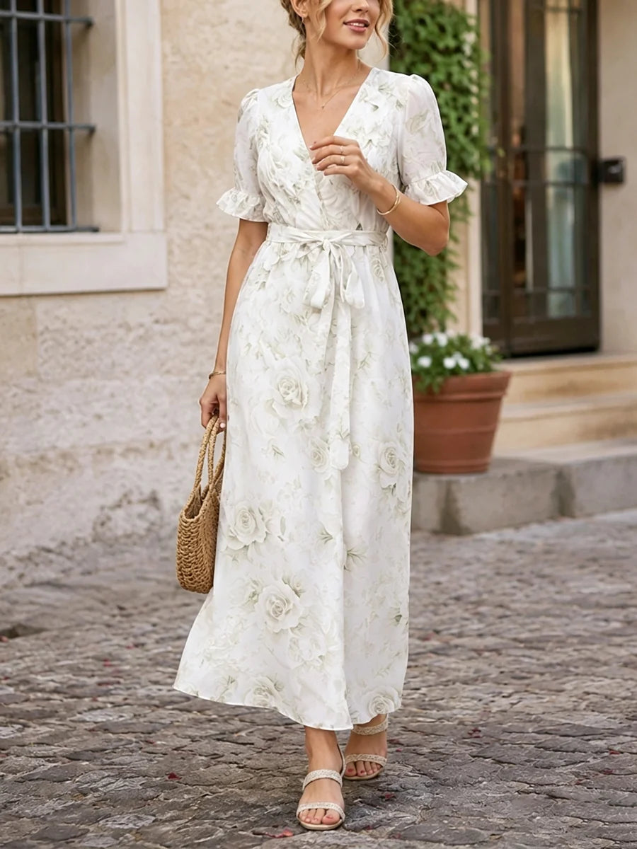 Vestido Maxi Floral com Folhos, Abertura Lateral, Cintura para Atar e Decote em V Profundo