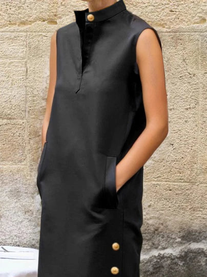 Vestido Maxi Camisero Sin Mangas Con Botones, Color Liso, Abertura Lateral Y Cuello Mao