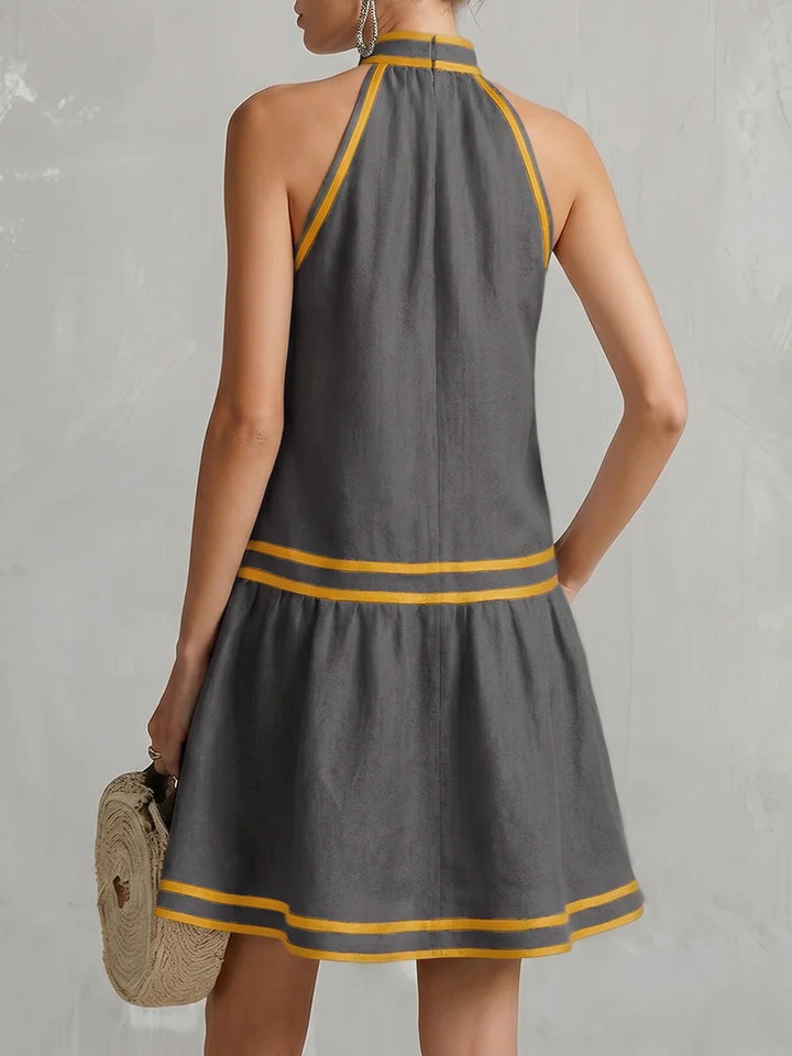 Vestido Mini Corte A Sin Mangas Halter Cremallera Bolsillos Color Contrastante